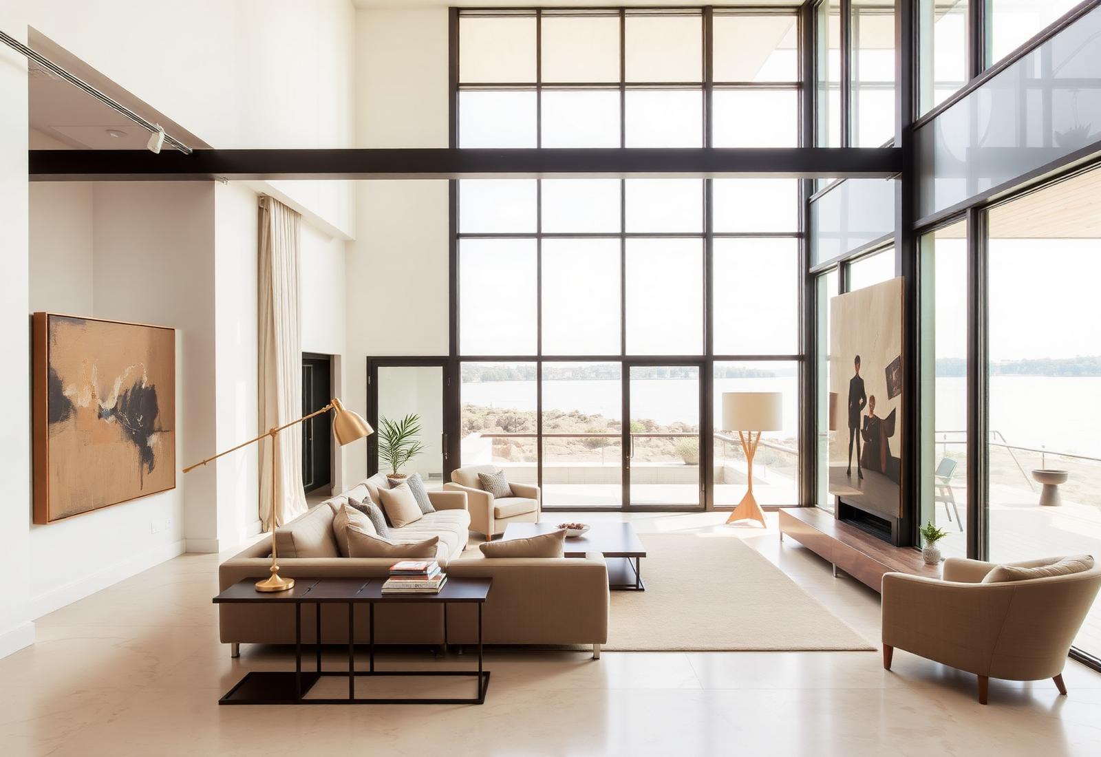 Illustrative interior of the fictional Vestry House concept: a long room facing the bay